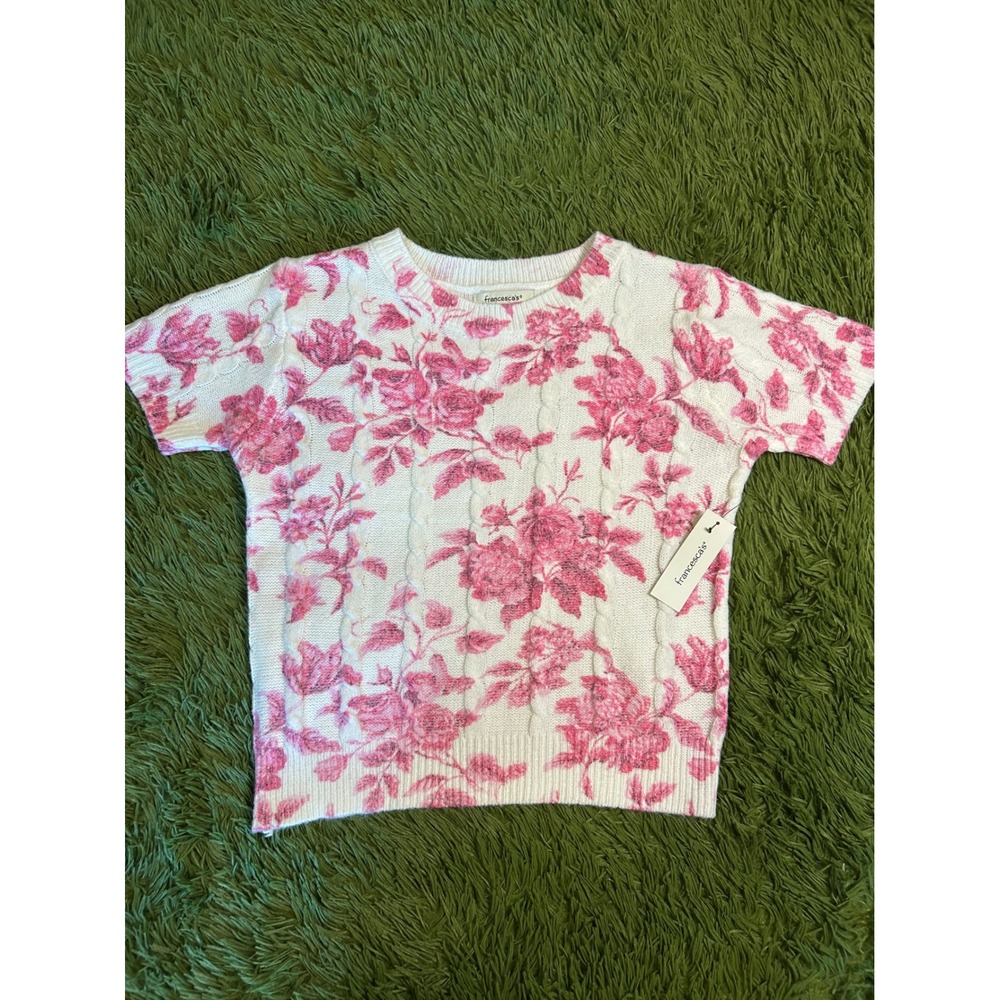 Francesca's Sweater Women S Magenta Floral Cable Knit Short Sleeve Crew Neck Top